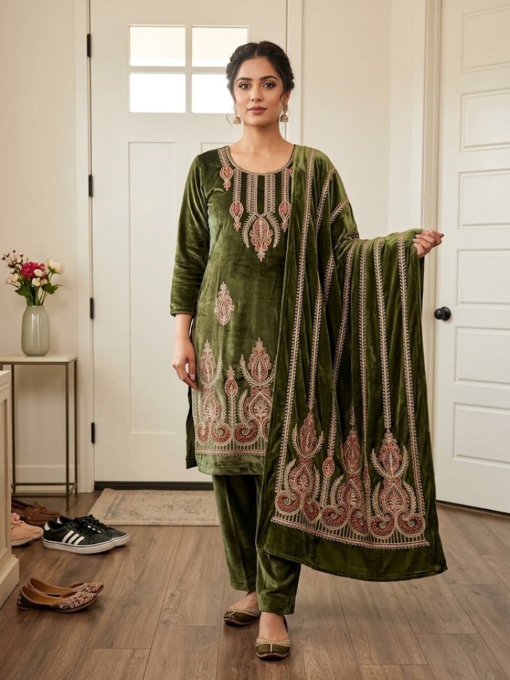 Women's Premium Velvet Embroidered Kurta Set with Dupatta – 3-Piece Elegant Ethn
